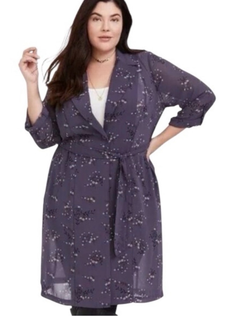Torrid Floral Georgette Chiffon Trench Duster Coat Tie Belt Sheer Blue 2X 2